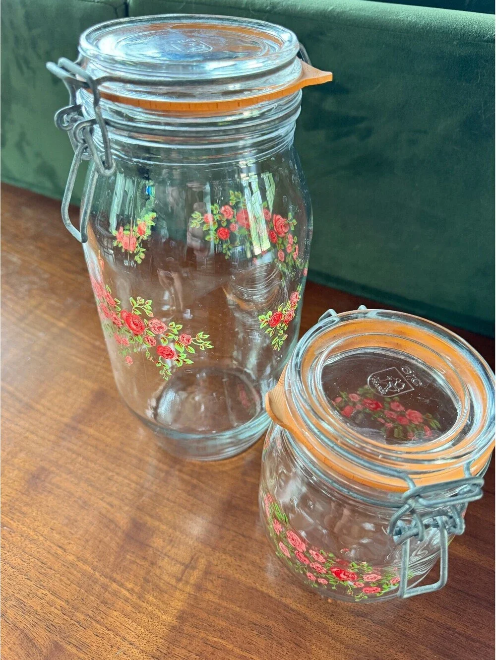 Vintage ARC France Glass Canister Set – Red Rose Pattern (Set of 2)
